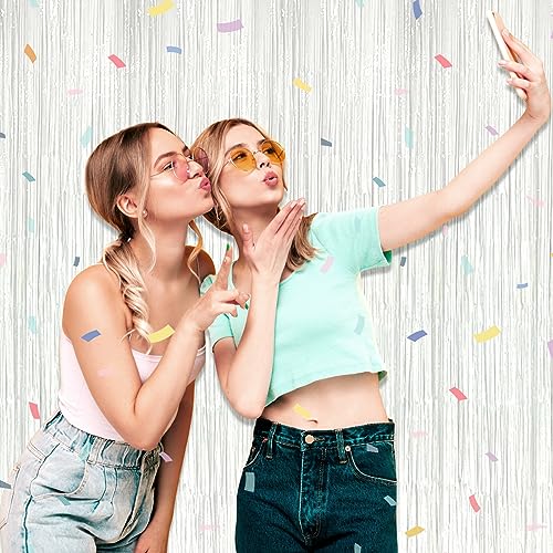 Image of 6 Pack Macaron White Foil Fringe Curtain Backdrop, 3.28Ft x 8.2Ft Metallic Tinsel Foil Fringe Streamer Curtains for Photo Booth, Christmas Day, Thanksgiving, Wedding, New Year Party Decorations