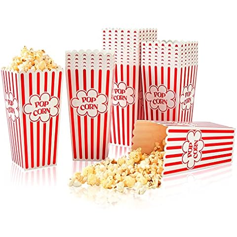 RAYMEA Popcorn Containers Disposable 46 Oz Red & White Striped 28 Pack Cardboard Popcorn Boxes for Movie Night Cover