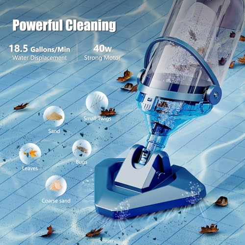 Pool Vacuum for Above Ground Pool with a Telescopic Pole, Running time up to 1H, T403 Handheld Rechargeable Pool Cleaner with Powerful Suction up to 18.5 gallons/min, Ideal for Leaves, Debris