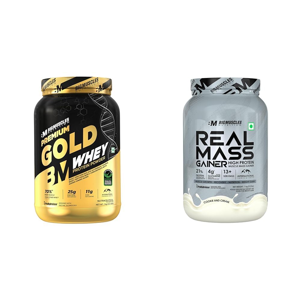 Bigmuscles Nutrition Premium Gold Whey [1Kilogram] | Informed Choice UK Certified | Isolate Whey P | Bigmuscles Nutrition Real Mass Gainer [1 Kg, Cookie & Cream ]-image-45
