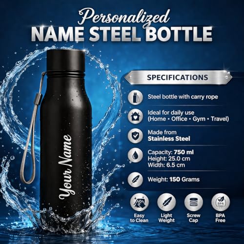 Image of Giftana Personalized Name Water Bottle 750ml, Birthday Gifts (Black 3)