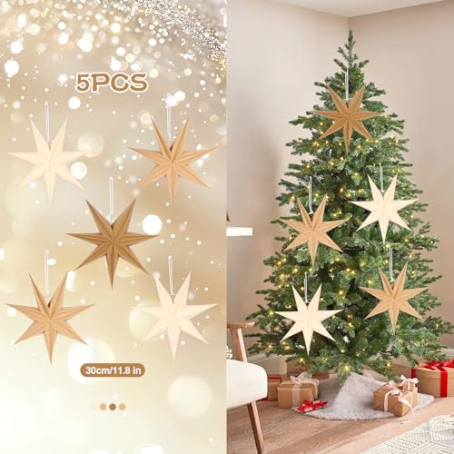 Image of 12 Inches 5 PCS Brown Paper Star Lanterns Hanging Khaki Stars Christmas Party Decorations Hanging Beige Lampshade Christmas Wedding Birthday Christmas Home Party Decorations (7 Pointed)