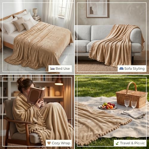 Image of BSB HOME 280 GSM Pom Pom Blanket, Ultra Soft Plush Fleece Throw Blanket with Pom Pom Fringe, Cozy Lightweight Warm Blanket for Sofa, Couch, Bed, Skin Friendly & Easy Care, 90 x 90 Inches - Warm Sand