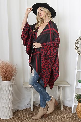 RIAH FASHION Classic Soft Knit Poncho Shawl Wrap - Winter Warm Fringe Tassel, V-Neck Stripe Pullover Animal Print4