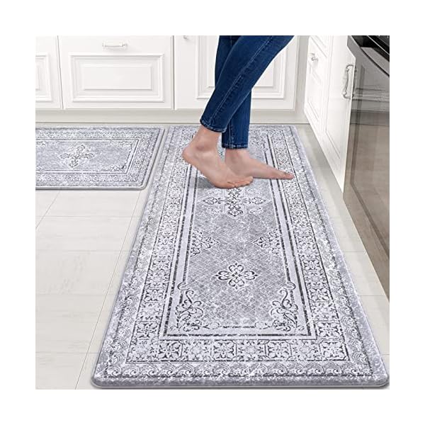 ASPMIZ Farmhouse Kitchen Rugs Sets of 2 Washable, Anti Fatigue Kitchen Mats for Floor, Vintage Kitchen Rug and Mat Non-Slip, Thick Kitchen Rug Cushion Mat Boho, 18'' x 48'' + 18'' x 30'', Light Gray