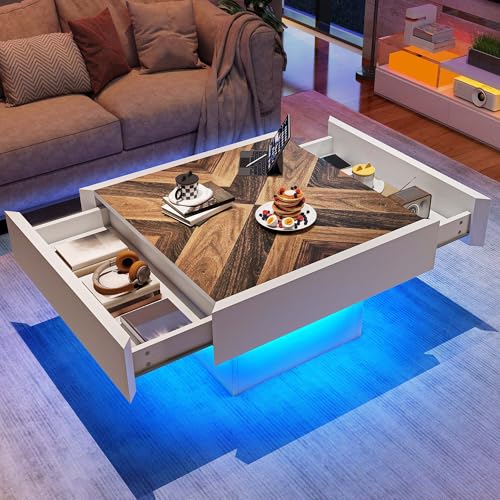 YITAHOME Farmhouse Coffee Tables Square Coffee Table for Living Room Wood LED Coffee Table with Storage Modern Living Room Tables with 2 Drawers, Whit