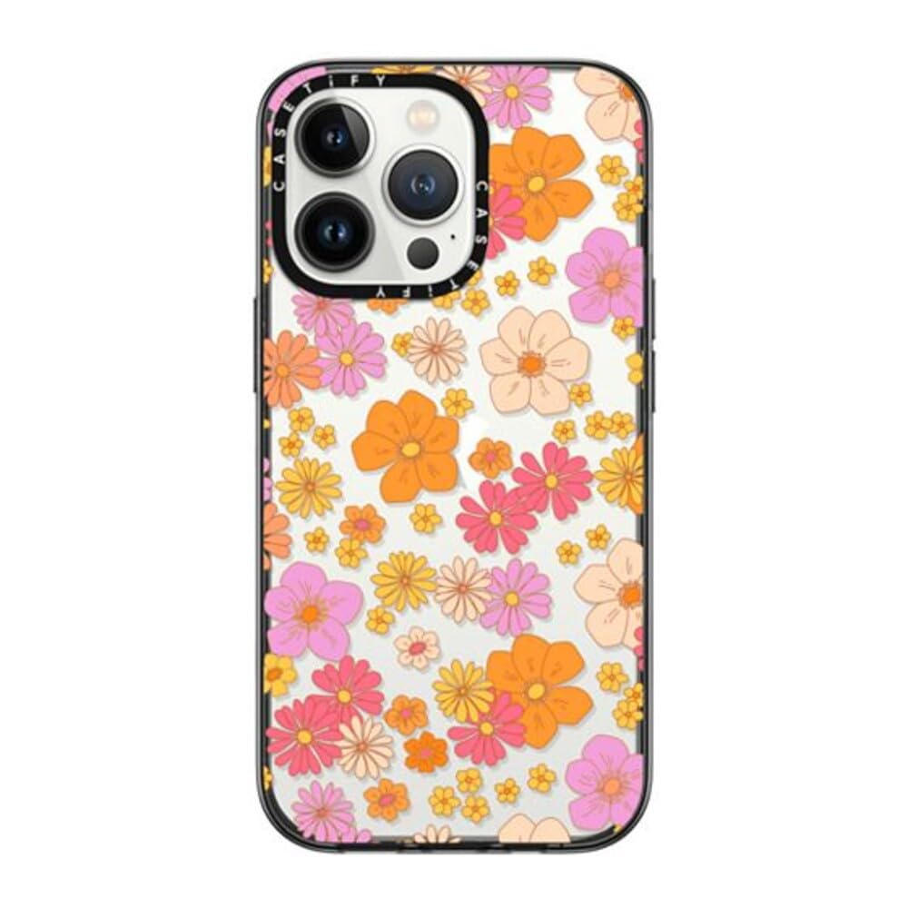 CASETiFYCASETiFY Compact iPhone 13 Pro Case [2X Military Grade Drop Tested / 4ft Drop Protection] - Retro Boho Hippie Flowers (60s / 70s Floral Pattern on Clear Background) - Clear Black