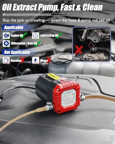 Image of Oil Extractor Pump 12V 80W, Electric Oil Pump for Engine Oil Change, Car Fluid Pump for Motor Oil, Gear Oil, Transmission Fluid Transfer, Upgrade Overload Oil Removal Pump for Car, Mower, Boat, Red
