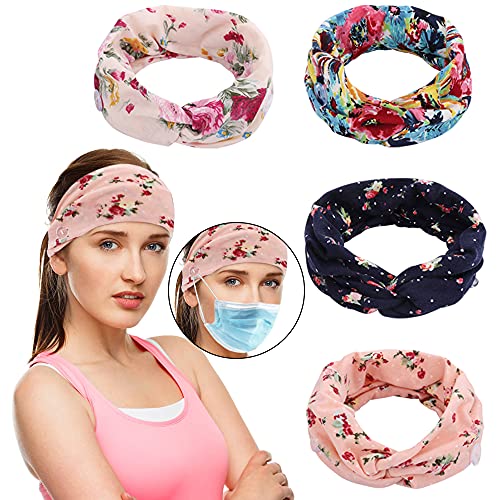 Headband with Buttons for Nurses Doctors, 4 Pack Button Headband Ear Protection Hair Band - LIONVISON Headbands for Women, Elastic Cross Twisted Headwraps Hair Band, Bohemian Style Women Headbands