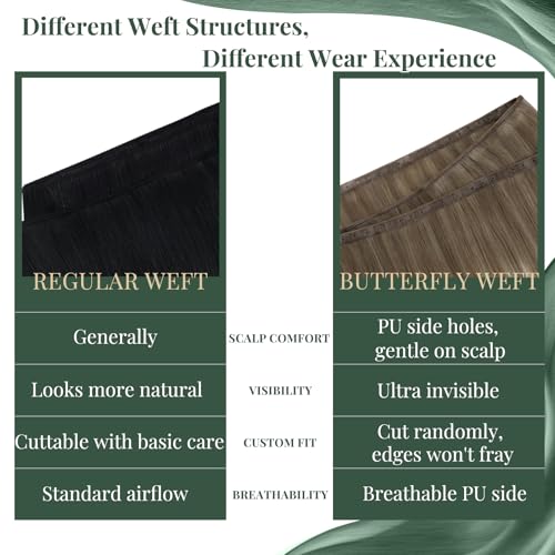 Image of Ugeat Butterfly Weft Human Hair Extensions Light Brown Balayage Hair Extension Butterfly Wefts Real Human Hair Light Brown with Platinum Blonde Ombre Double Side PU and Genius Wefts 16 Inch 80G