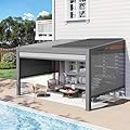 MELLCOM Louvered Pergola with Screen 10x13, Wall-Mounted Adjustable Pergola, Lean to Aluminum Gazebo with 3 Pull-Down Screen Sides and Adjustable Roof for Backyard, Dark Gray