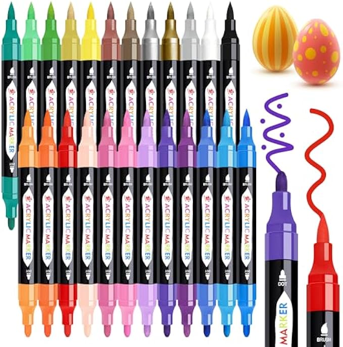 TBC The Best Crafts 24 Colors Dual Tip Acrylic Paint Markers,Waterproof, Non-Toxic, odorless, Suitable for Paper, Pottery, Stones, Backpacks, Glass