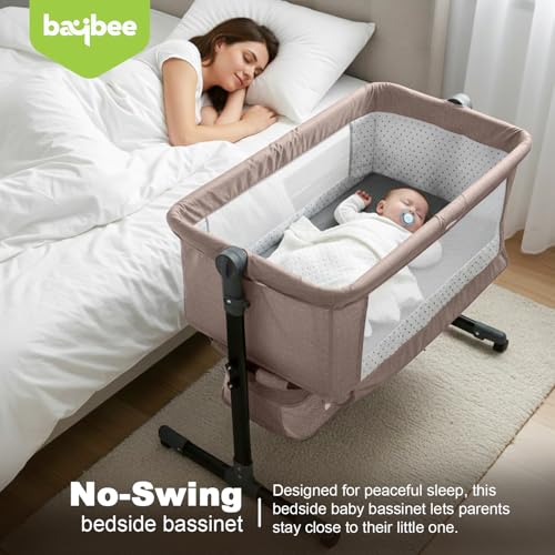 Image of BAYBEE Bedside Crib Cradle for Baby | Bassinet for New Born with 2 Height Adjustable Modes & 360 Wheels | Babies Cot with Mosquito Net & Storage Box | Baby Cribs & Cots for 0 to 2 Years (Beige)