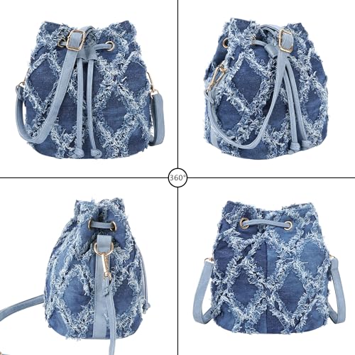 Image of Women Denim Mini Bucket Shoulder Crossbody Bag Drawstring Quilted Distressed Tassel Barrel Shape Satchel Purse