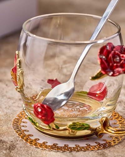 Image of Enamel Flower Glass Coffee Mugs & Tea Cup Set with Steel Spoon | Luxury Butterfly Design Tea Cups for Women, Mom, Wife | Unique Personalized Gifts for Birthday, Mother's Day Valentine's Day