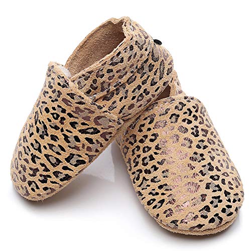 HONGTEYA Baby Fringeless Moccasins with Soft Sole - Genuine Leather Boys and Girls Shoes for Newborns, Infants, Babies, Toddlers (18-24 Months/ 7.5 M US Toddler, Leopard)