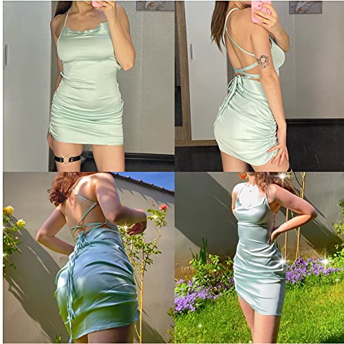 Image of JUMISEE Women Satin Ruched Lace Up Bodycon Mini Dress Sexy Backless Spaghetti Strap Party Dress for Cocktail Clubwear