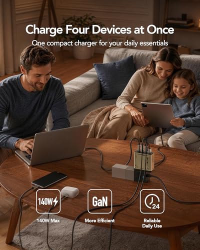 Image of Mfish E-Rhino 140W USB-C Charger, True PD 3.1 GaN Fast Charger, 4-Port (3 USB-C + 1 USB-A) Foldable Plug Power Adapter for MacBook Pro 16 inch, iPhone 17 /16, iPad, Galaxy, Tablet, Laptop, Grey