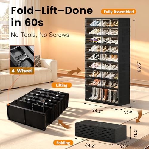 Image of SYNCVIBE Shoe Rack Organizer for Closet Entryway Foldable Sneaker Storage Shoe, Collapsible Shoe Cabinet, Stackable Shoe Storage Cabinet with Lids for Living Room (9 Tiers -36 Pairs Black)