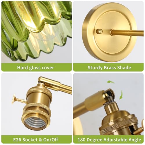 Image of Vintage Wall Sconces Set of 2 Corded Wall Sconce Indoor Wall Mount Lamp with Tulip Glass Shade 180Adjustable Victorian Art Wall Light with Twist Switch for Bedside Doorway (Green, Hardwired)