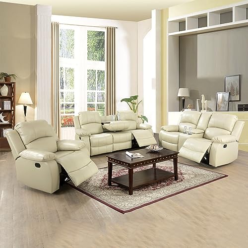 A Ainehome Recliner Sofa Set Living Room Manual Reclining Sofa Bonded Leather Loveseat Chair with Storage Console&Cup Holder Sectional Couch for Living Room/Home(A-Beige Leather, 3 Piece Set)