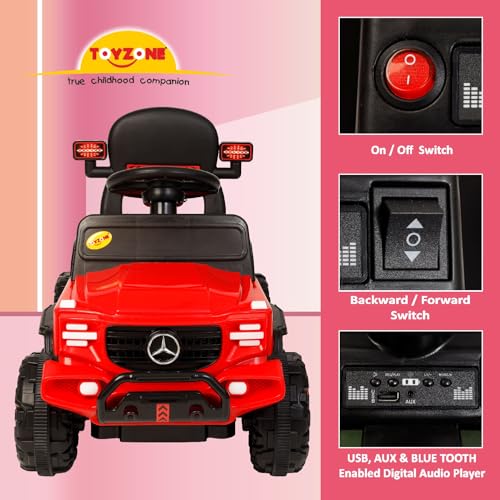 Toyzone Posh Electric Car Ride on Jeep with Remote - Red | Rechargeable Car 6V & 6.5ah Battery | Music Player with Bluetoooth & USB | 6 Month Battery Warranty | Make in India | Kids 2+ Years - Image 3 thumbnail
