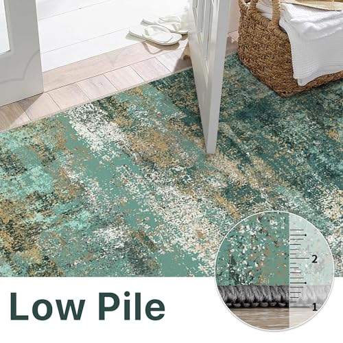Runner Rug for Hallway Kitchen, 2x12 Machine Washable Runners Rug for Entryway, Soft Modern Abstract Throw Rugs, Low Pile Floor Cover with Non Slip Backing, Turquoise