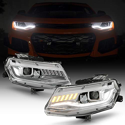 ACANII - For [HID/Xenon Type] 2016-2018 Chevy Camaro 19-22 ZL1 Chrome LED Tube Sequential Projector Headlights Headlamps