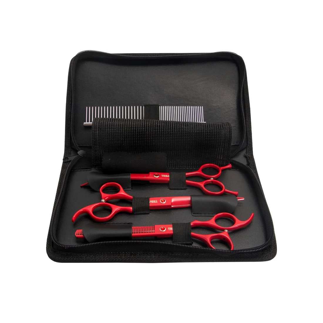 Trimz Trendy Pet Grooming Scissors Kit Complete Grooming Kit at Your Fingertips Kit Includes 3 Grooming Scissors, Scissor Case and A Grooming Comb - 7" - Rose Red