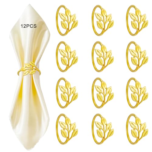 12PCS Napkin Rings, SHAIDOJIO Gold Napkin Rings, Metal Leaf Design Décor Napkin Buckle Holder, Dinner Serviette Rings Clips for Wedding Anniversary Birthday Christmas Banquet Dinner Table Decor