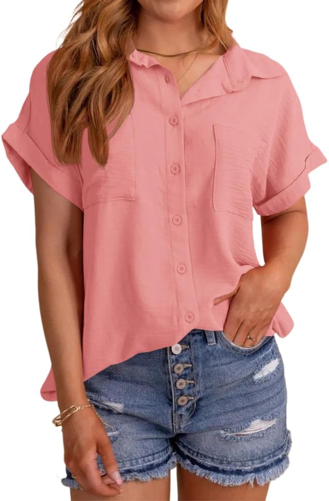 MaQiYa Womens Short Sleeve Button Down Shirts Casual Loose Fit Summer Shirt Blouses Tops with Pockets - Image 2