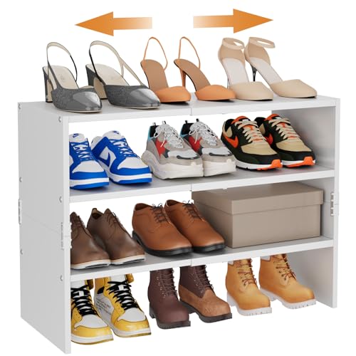 3-Tier Expandable White Shoe Rack Organizer for Closet, Stackable Shoe Racks Storage Shelf, Small Metal Wood Combination Shoe Shelves for Closets,Entryway,Front Door, Narrow Space,Hallway,8-16 Pairs