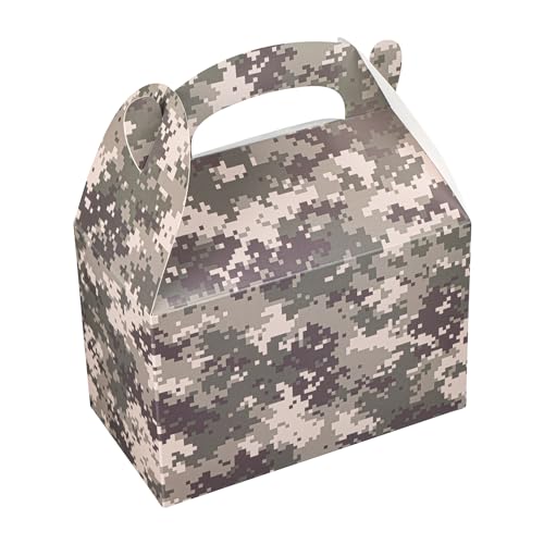 Restaurantware RWA1220BRG-25 Bio Tek 8.5 X 4.8 X 5.5 Inch Gable Boxes For Party Favors, 25 Attractive Gift Boxes - Camouflage Print, With Built-In Handle, Paper Barn Boxes thumb #1