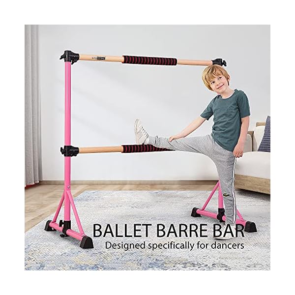 VIVOHOME Portable Anti-Slip 4ft Adjustable Ballet Barre Bar with Beechwood, EVA Pad for Home Gym Double Stretching Freestanding Dance Equipment 330LBS Capacity Stable Pink