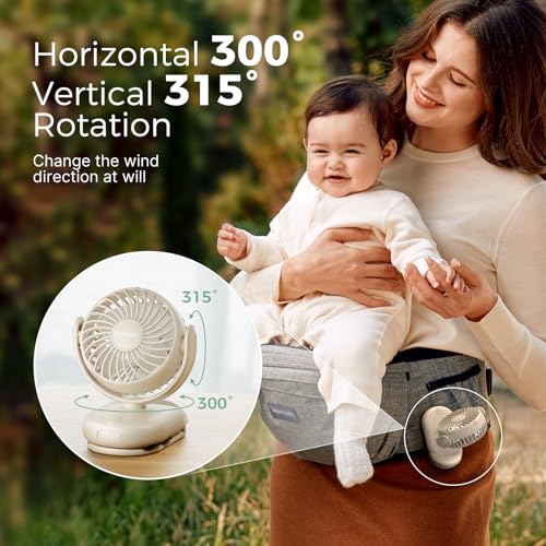 Image of Momcozy Portable Stroller Fan with Clip | 4-Speed Mini-Fan for Carrier | Personal Fans Ultra Light 0.26lb | Gaps ≤4.5mm | Handheld Cooling | Rechargeable Rotate for Diaper Backpack /Table /Chair
