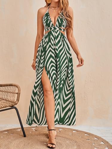 Image of SweatyRocks Women's High Split Tie Backless Cut Out Halter Maxi Dresses Boho Vacation Long Dress