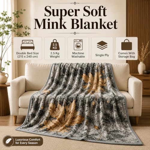 Image of Signature All Season Double Bed Blanket | Super Soft Plush, Lightweight & Cozy | 220 x 240 cm | 2.5 kg | Multi-Color Vibrant Print | Ideal for Winter, AC Use & Gifting (Charcoal Gold)