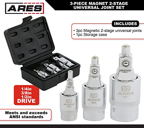 Image of ARES 36006-3-Piece Magnetic 2-Stage Universal Joint Set - 2-Stage Design Changes Socket from Swivel to Fixed Position - 1 /4-Inch, 3 /8-Inch, and 1 /2-Inch Drive - Magnet Tips for Use with Bolts