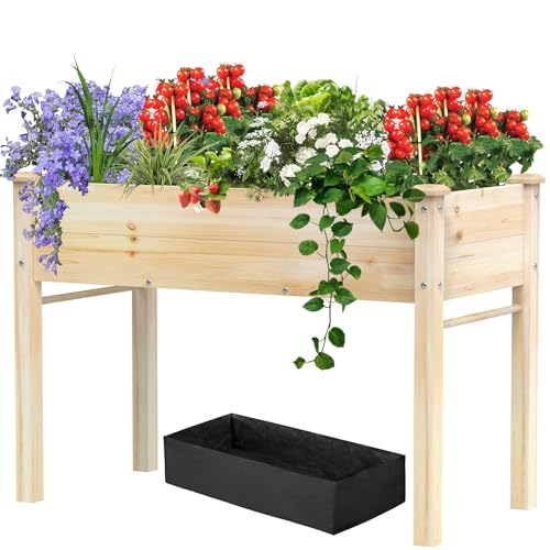 48x24x31IN Elevated Wooden Raised Garden Bed with Legs, Reinforced Large Planter Box for Vegetable Flower Herb Outdoor, Standing Growing Bed forGardening/Backyard/Patio/Balcony, Liner Included