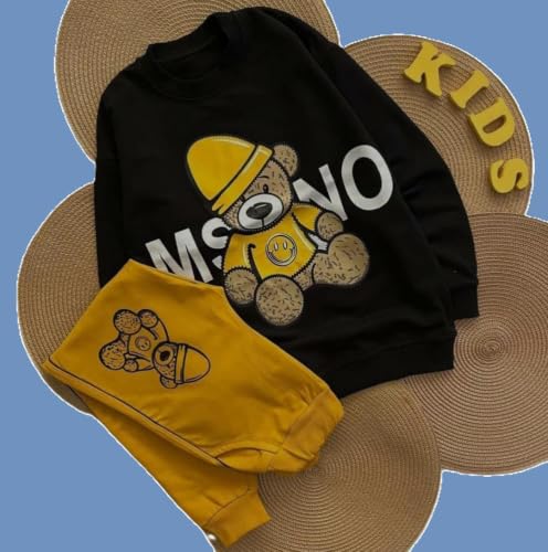 Image of Baby Boys Stylish Hooded Top& Bottom Set Full Sleeve Warm Fleece Pullover Jacket Style Winter Black +Yellow 0-2 Months
