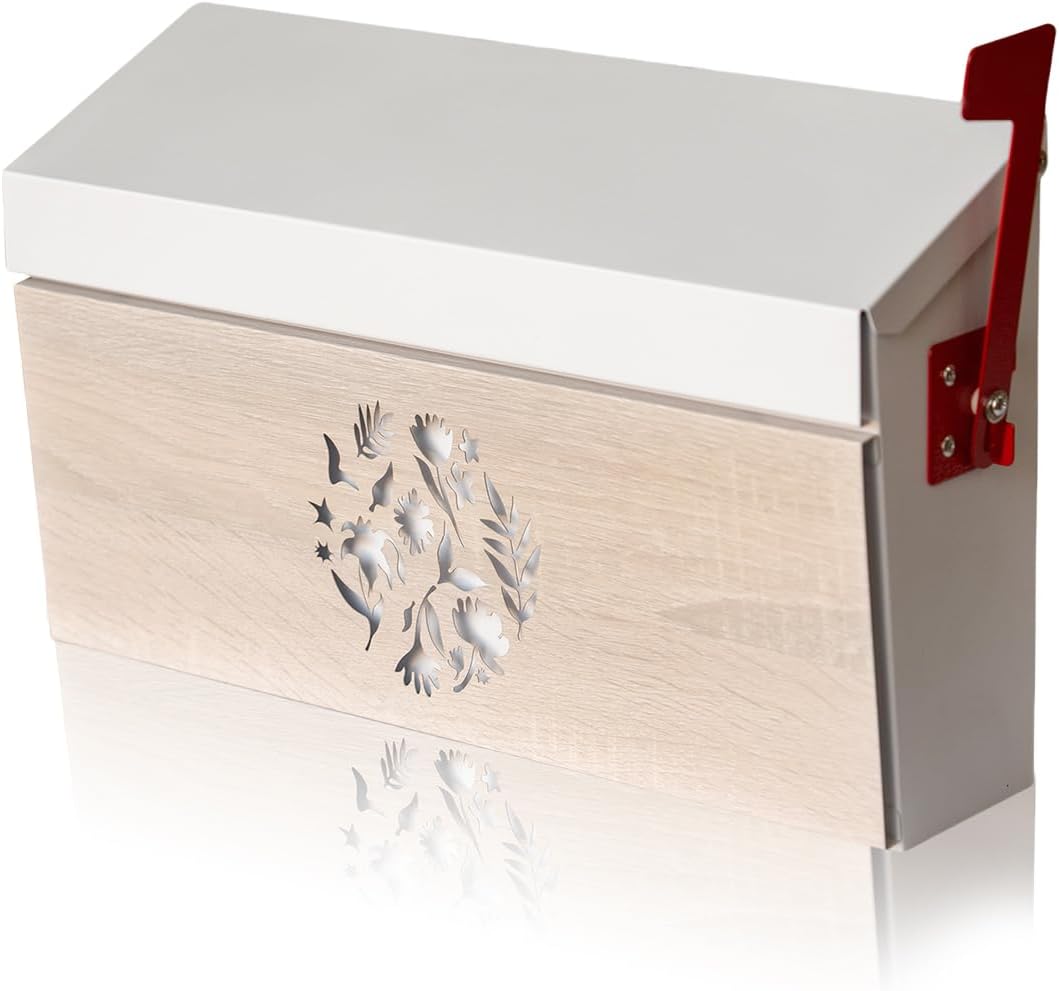 Wall Mount Mailbox, Large Capacity Mailbox for House Outside with Flag Kit Galvanized Steel Rust-Proof Metal Post Drop Box, 15.74"×9.84"×4.33" Flower Hollowed Wooden Patterned Metal Sheet