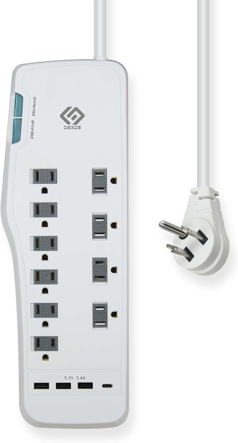 OSKOS Surge Protector Power Strip, 10 Outlets, Four USB 3.4A Ports (3A+1C), 6FT Extension Cord, 3540 Joules, 15A/1800W,Wall Mountable, UL Listed