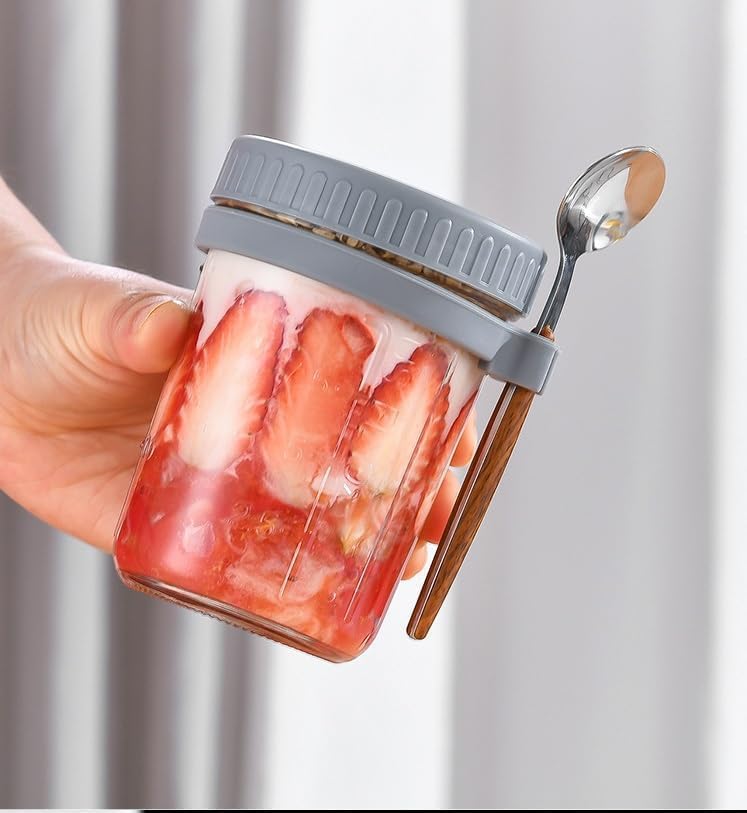 Image of Marve Glass Overnight Oats Jars With Spoon And Lid 350 ML, Airtight Oatmeal Container With Measurement Marks, Mason Jars With Lid For Cereal On The Go Container Yugart (Oats jar 2 Pcs)