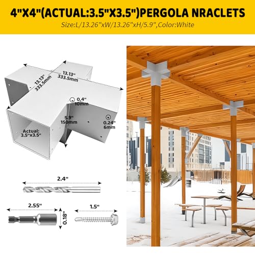 Image of 5-Way Pergola DIY Brackets Kit,Cross-Shaped Woodwork Brackets for 4 inch x 4 inch(Actual:3.5 inchx3.5 inch) Lumber,White Metal Bracket for Patio Pergolas,Gazebos,Log Cabin W /Hardware (1 Pack)