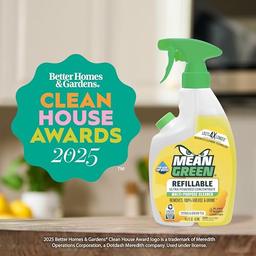 Image of Mean Green Refillable Ultra Powered Multi-Purpose Cleaner Concentrate, Citrus & Green Tea, 14.3 fl oz (2-Pack) - Plant & Mineral Based, Cuts Through Grease & Grime, Refillable Bottle Makes 4X Refills