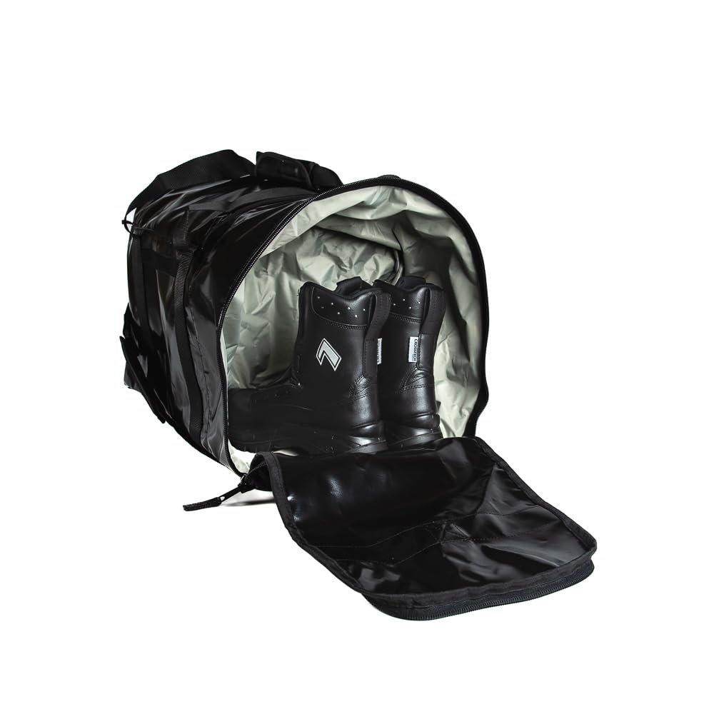 Bekleidungstasche 86L Schwarz - Feuerwehr Tasche & Rettungsdienst Tasche aus PVC Plan-Material - Sporttasche - Einsatztasche mit Schuhfach, Reflektorstreifen, Schultergurt, große Reisetasche