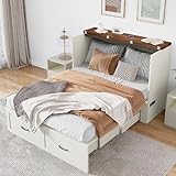 Hlivelood Full Size Murphy Chest Bed with Drawer and Charging Station, Farmhouse Wood Space-Saving Hidden Folding Beds Chest, Multifunctional Storage Cabinet Bed for Bedroom, Office, Rustic White