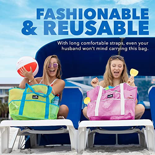 Dejaroo Mesh Sand Free Bag - Strong Lightweight Tote For Beach & Vacation Essentials. Tons of Storage with 8 Pockets, Foldable, 17x9x15 inches, Neon Pink with White Straps