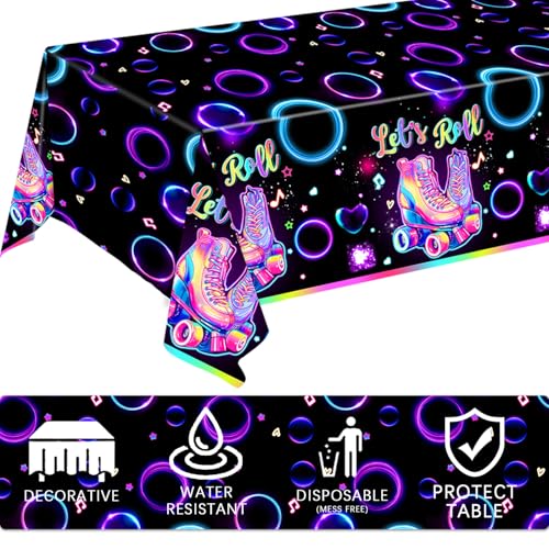 Image of LINHAXM 3 Pack Roller Skating Tablecloths, Roller Skating Party Decorations, Let's Roll Tablecloth for Roller Skate Birthday Party Decorations, 54 x 108 Inch