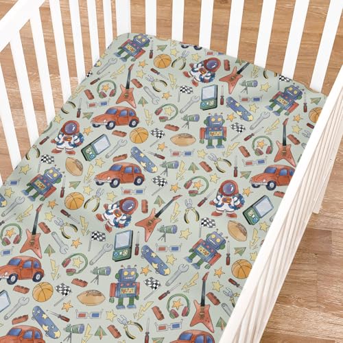 Image of Robot Spaceman Fitted Baby Crib Sheet for Girl Boy 52 inchx28 inch Sports Music Cars Games Astronaut Space Crib Mattress Covers Soft Breathable Baby Sheets for Standard Crib Mattress & Toddler Bed Mattress